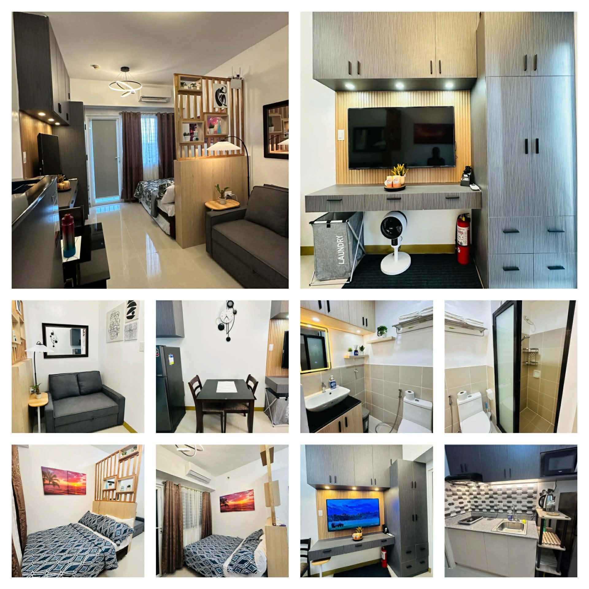 Unit details — dining, sofabed, and kitchen