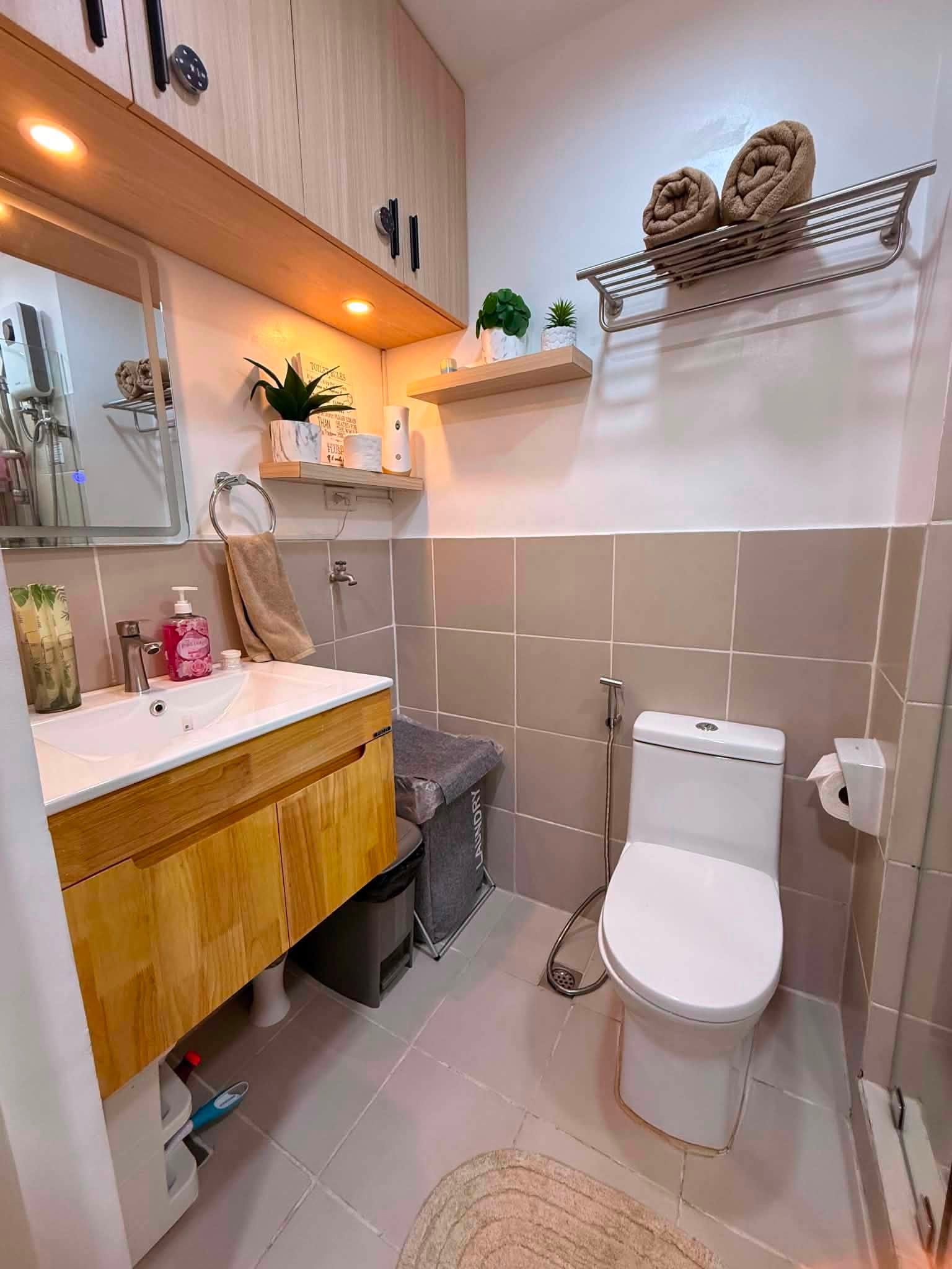 Vanity, sink, and toilet with bidet